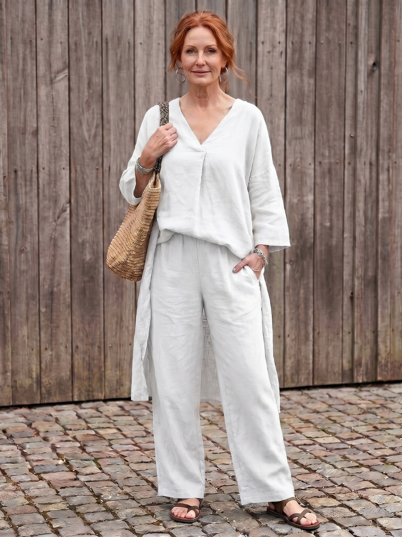 V-Neck Tunic Top and Wide Leg Pants Two Piece Set
