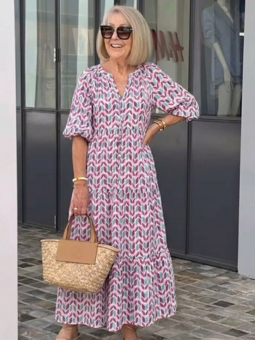 Geometric Print V-Neck Long Sleeve Tiered Maxi Dress