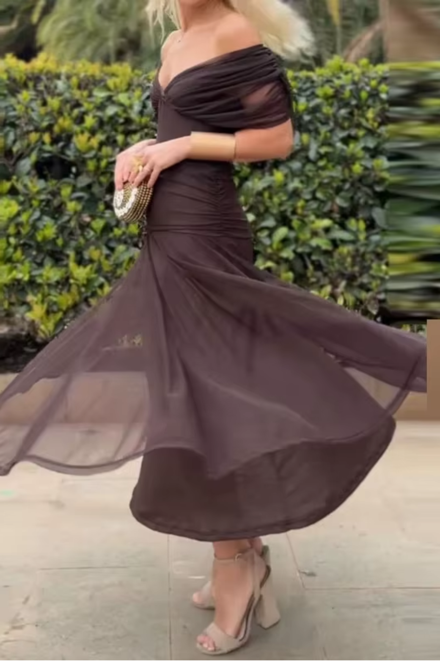 V-Neck Short Sleeve Chiffon Ruched Maxi Dress 15