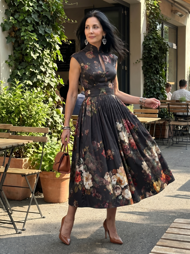 Floral Print Mock Neck Keyhole Sleeveless Belted Midi Dress