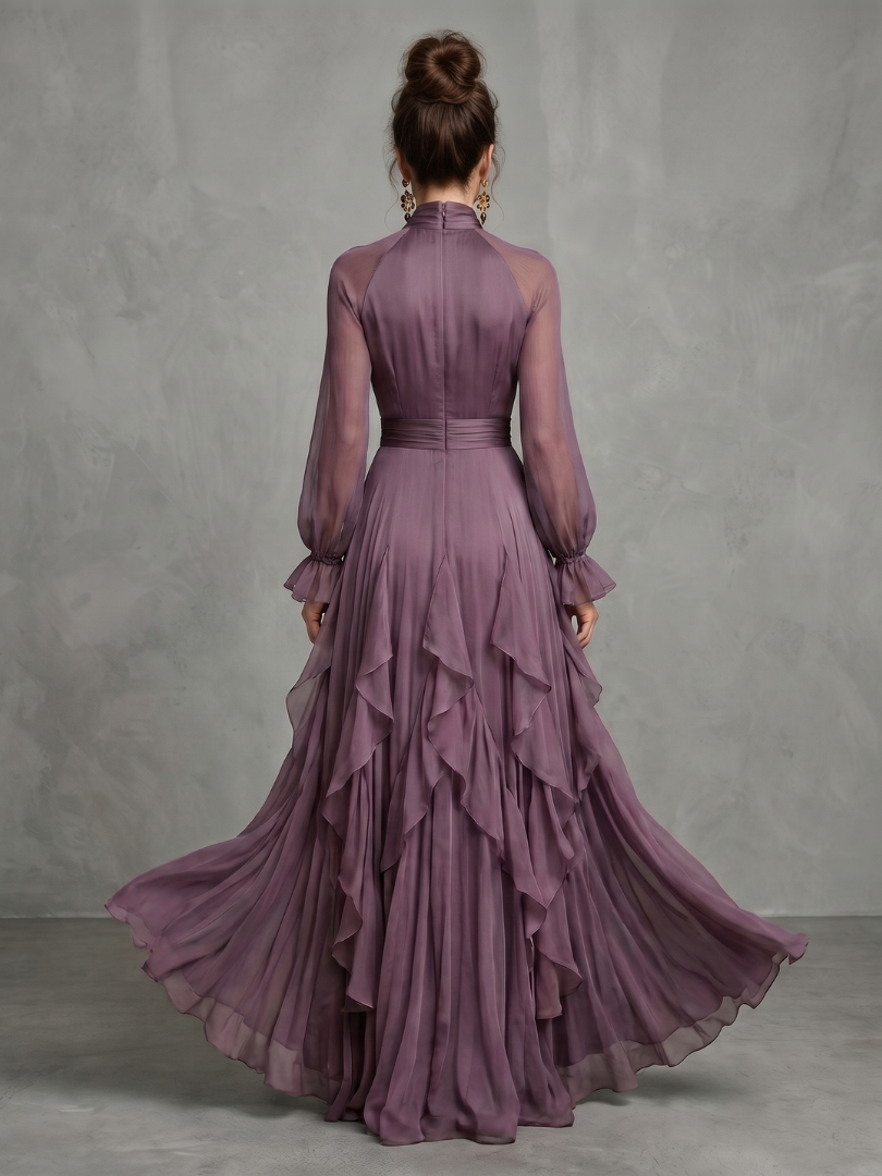 Tie Neck Long Sleeve Ruffle Tiered Chiffon Maxi Gown