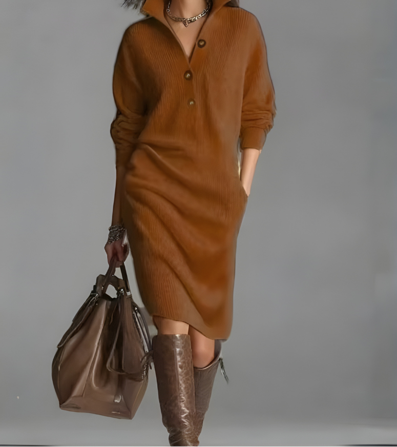 Ribbed Knit Collared Button Neck Sweater Dress