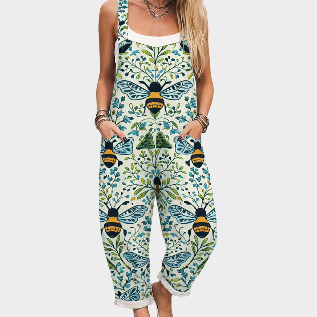 Bee Floral Print Scoop Neck Wide Leg Jumpsuit