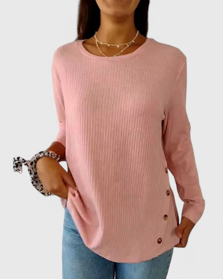 Crew Neck Long Sleeve Ribbed Side Button Top
