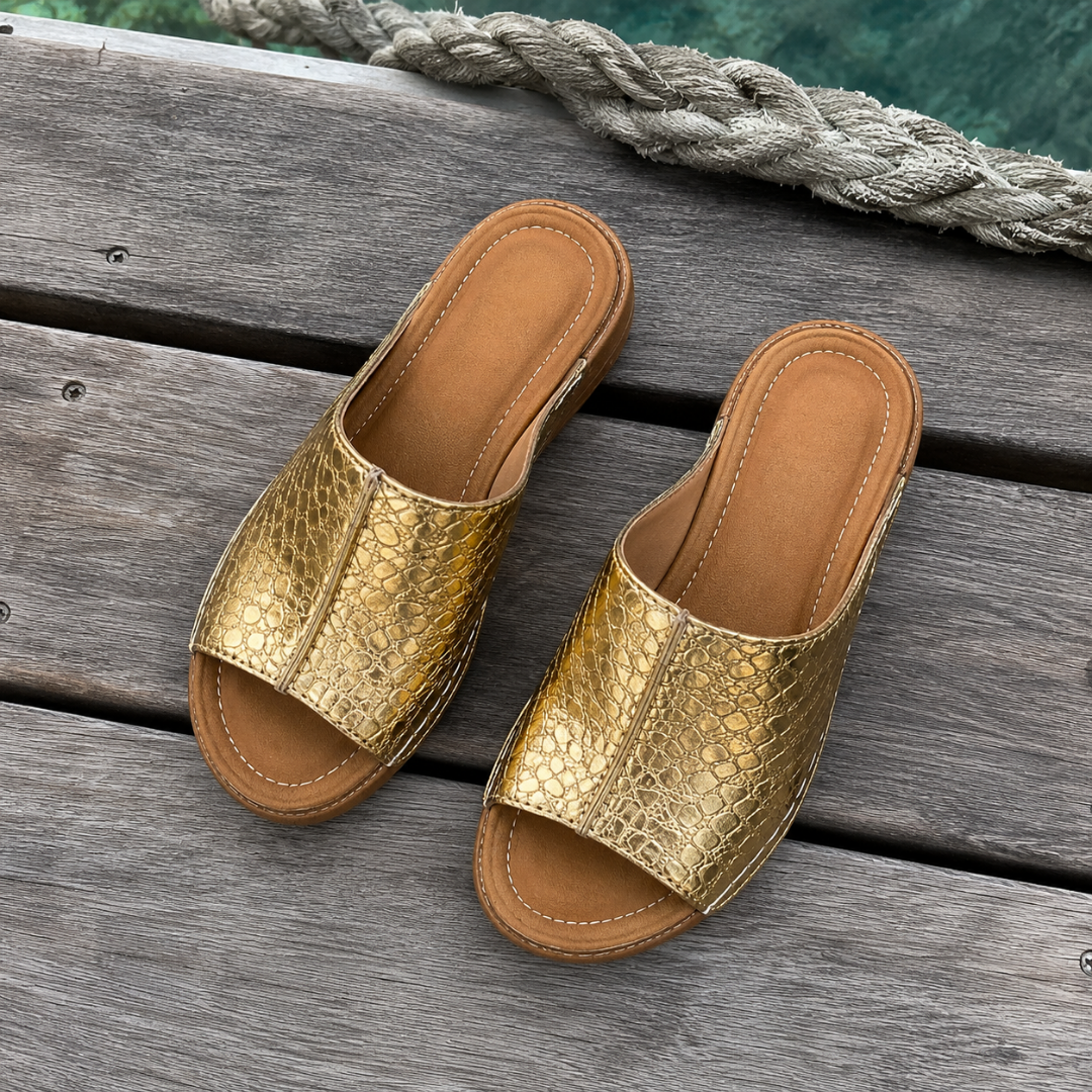 Open Toe Snake Print Slip On Wedge Sandals