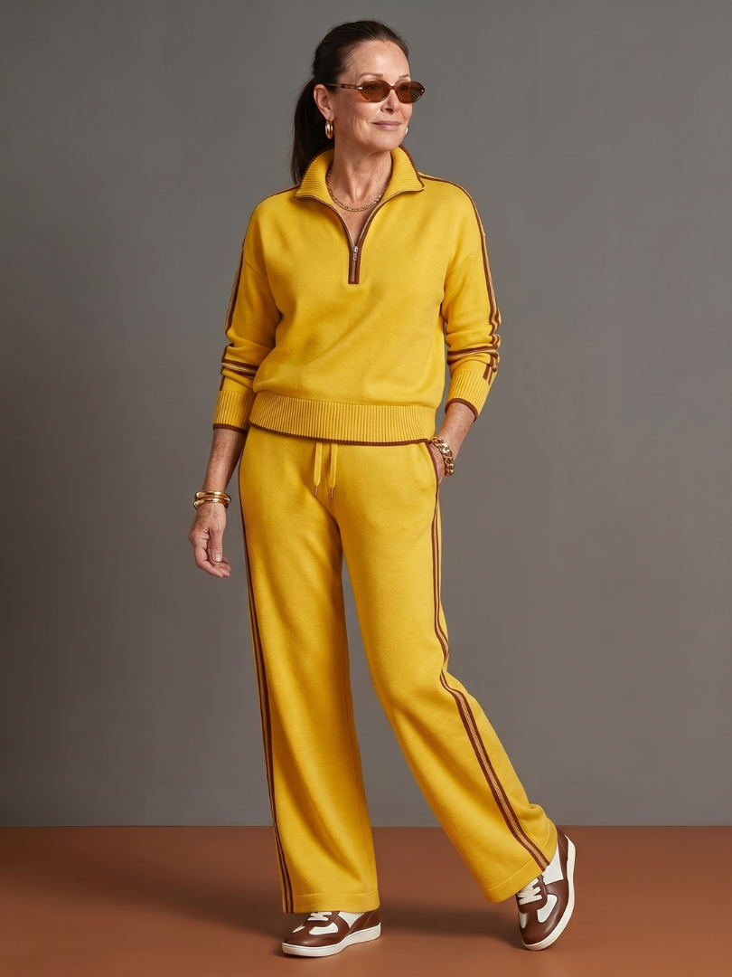 Quarter Zip Sweatshirt and Side Stripe Wide Leg Pants Two Piece Set