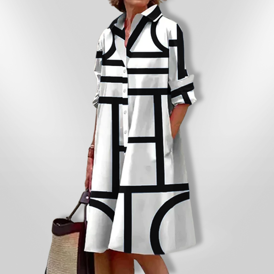 Geometric Print Collared Button Front A-Line Midi Shirt Dress