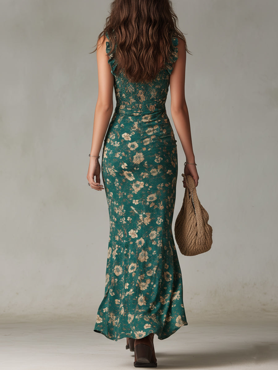Floral Smocked Ruffle Strap High Split Mermaid Maxi Dress 3