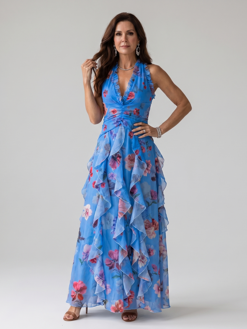 Floral Halter Deep V-Neck Ruched Ruffle Maxi Dress 5