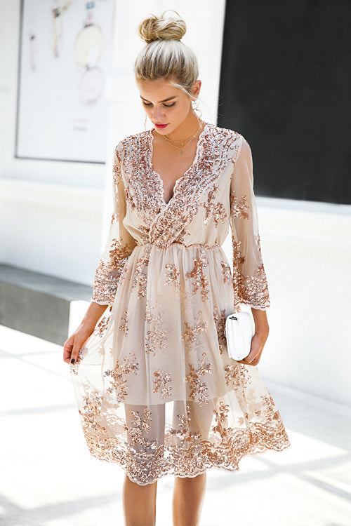 Sequin V-neck Half Sleeve Dress - 2 Colors Beige