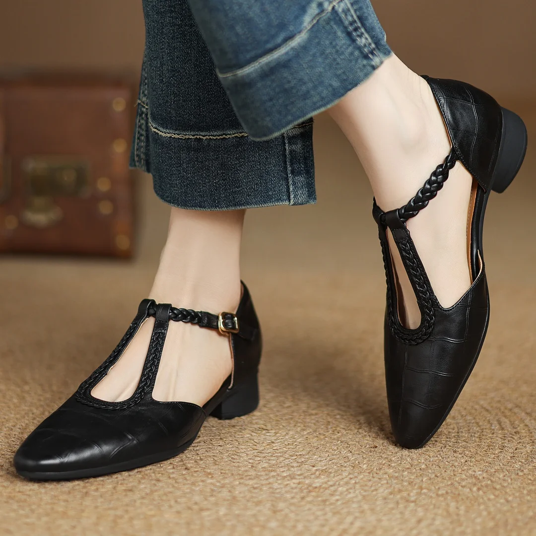 Pointed Toe Braided T-Strap Buckle Flats