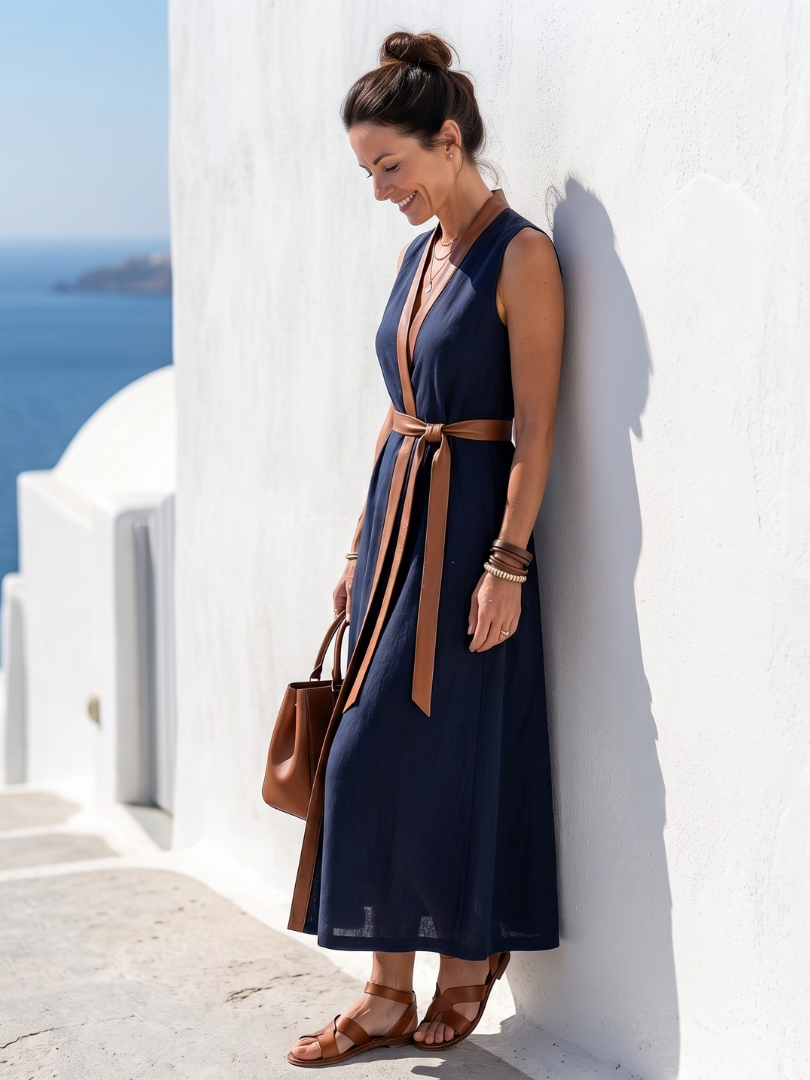 Contrast Belt Wrap V-Neck Sleeveless Maxi Dress