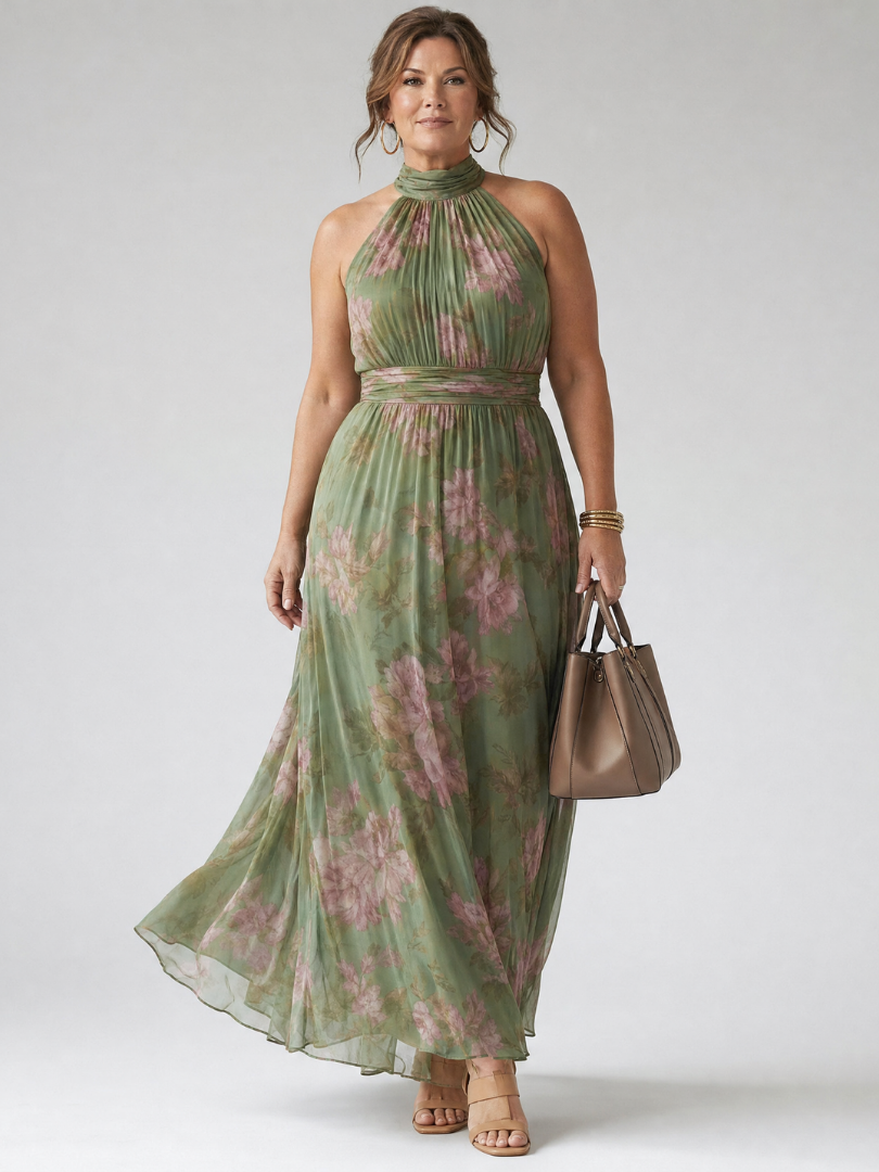 Floral Gathered Halter Neck Sleeveless Chiffon Maxi Dress