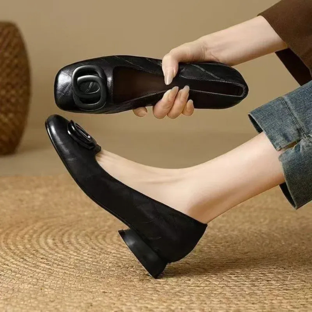 Square Toe Rosette Buckle Flat Ballet Shoes
