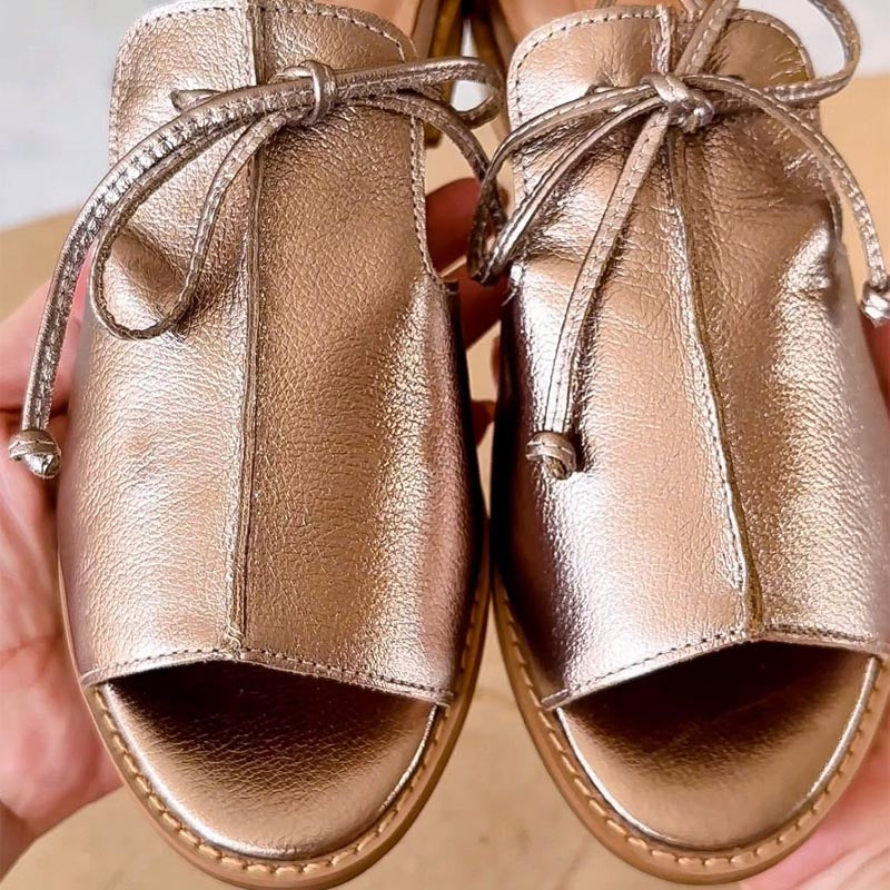 Metallic Peep Toe Lace Up T-Strap Flat Sandals