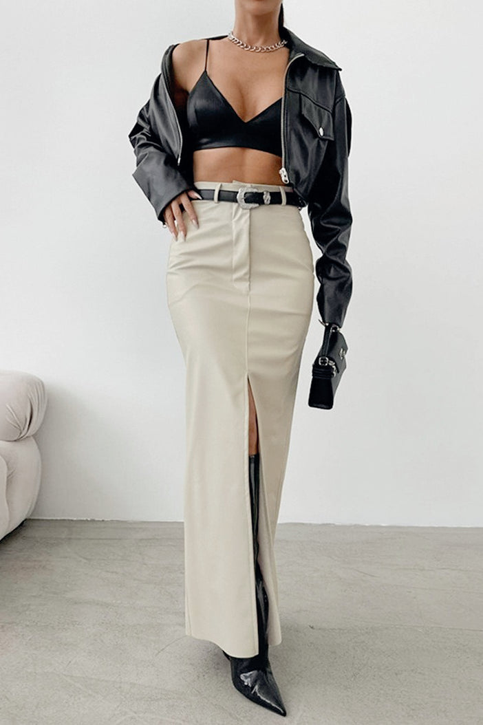 Faux Leather High Waist Front Slit Column Maxi Skirt 4