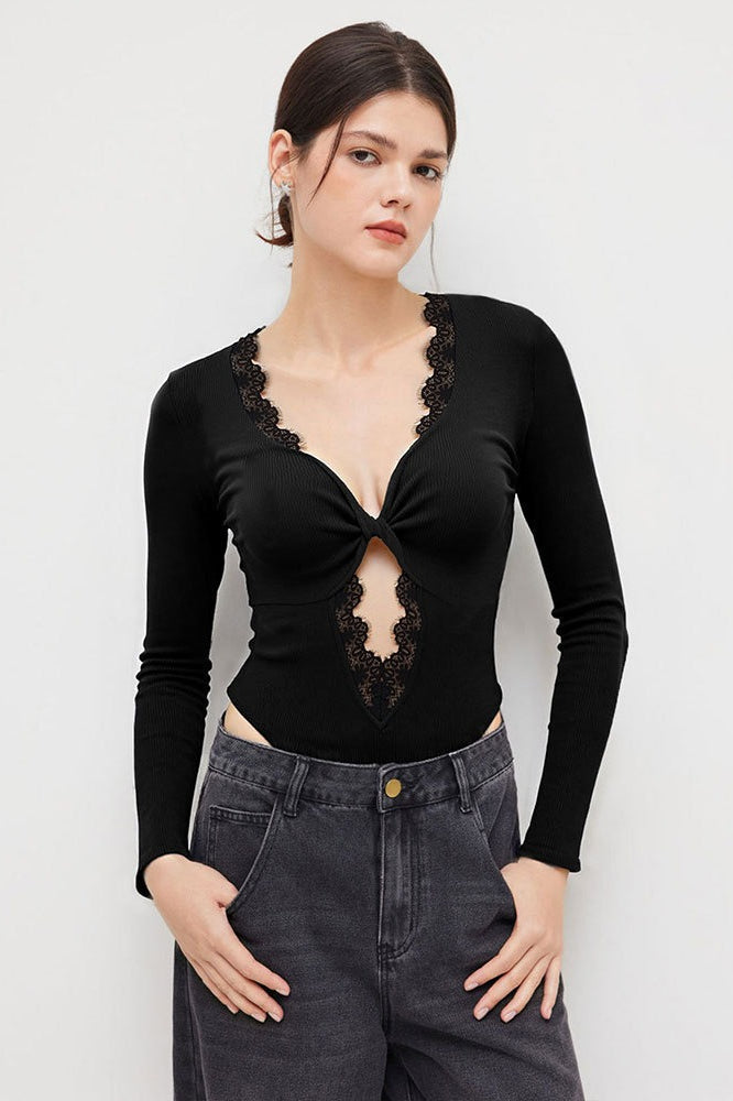 Lace Trim Deep V-Neck Twist Front Cut Out Long Sleeve Ribbed Bodysuit 2
