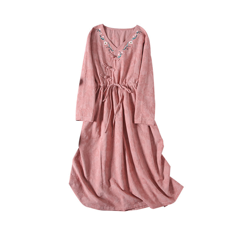 Jacquard Floral Embroidery Frog Button Wrap V-Neck Tie Waist Midi Dress