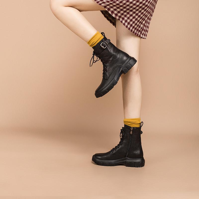 Full grain leather Combat Boots Designer Retro Chunky Riding Boots Side Zip Brown/Black