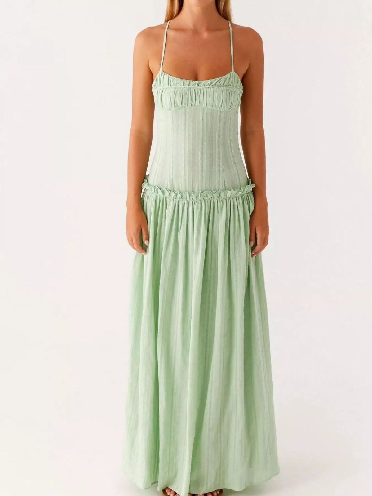 Ruched Bust Drop Waist Ruffle Trim Cami Maxi Dress 6