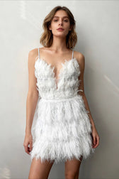 Deep V Feather Trim Slip Mini Graduation Party Dress