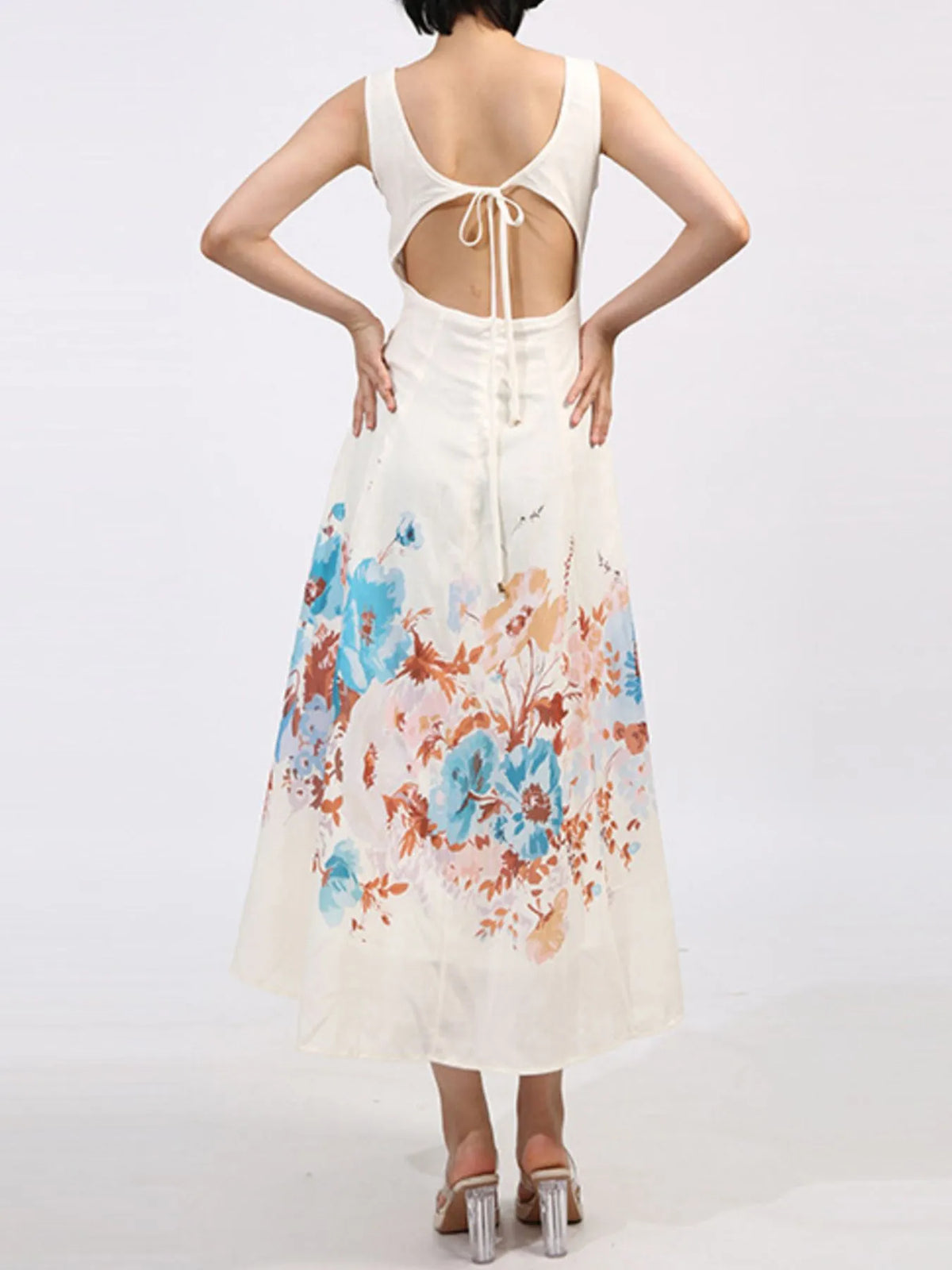 Floral Border Print Square Neck Sleeveless A-Line Midi Dress with Pockets 4