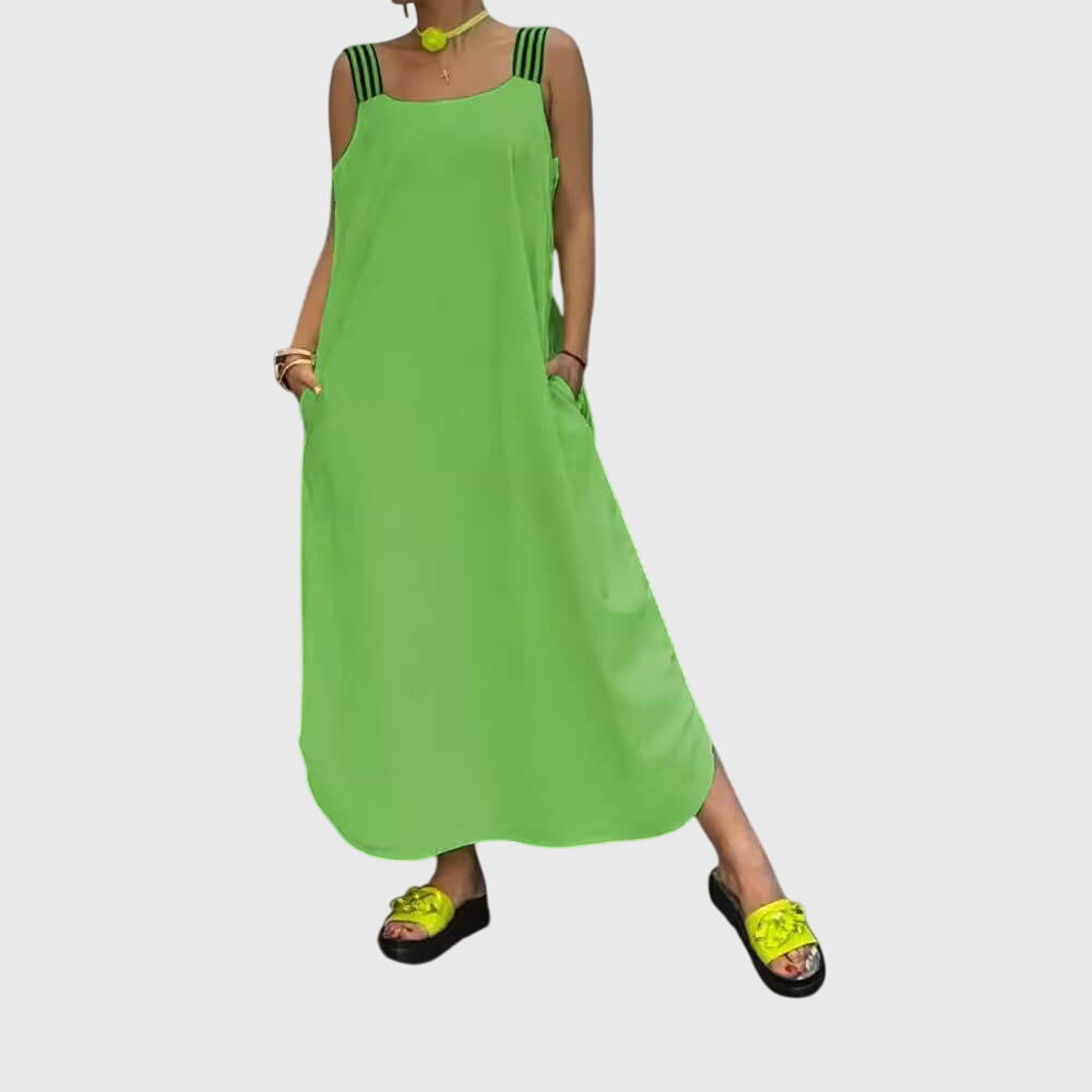 Contrast Strap Square Neck Side Pocket Maxi Dress