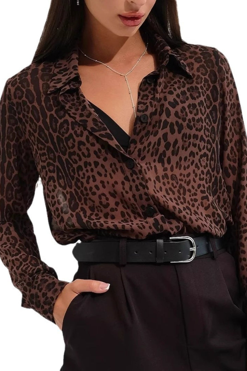 Leopard Print Collared Elegant Workwear Long Sleeve Blouse