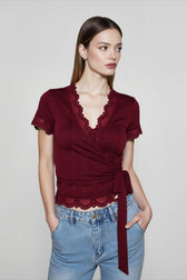 Lace Trim V Neck Tie T-shirts