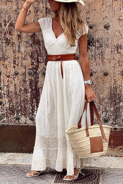 Eyelet V-Neck Puff Sleeve Gathered Waist Tiered Floral Lace Hem Maxi Dress