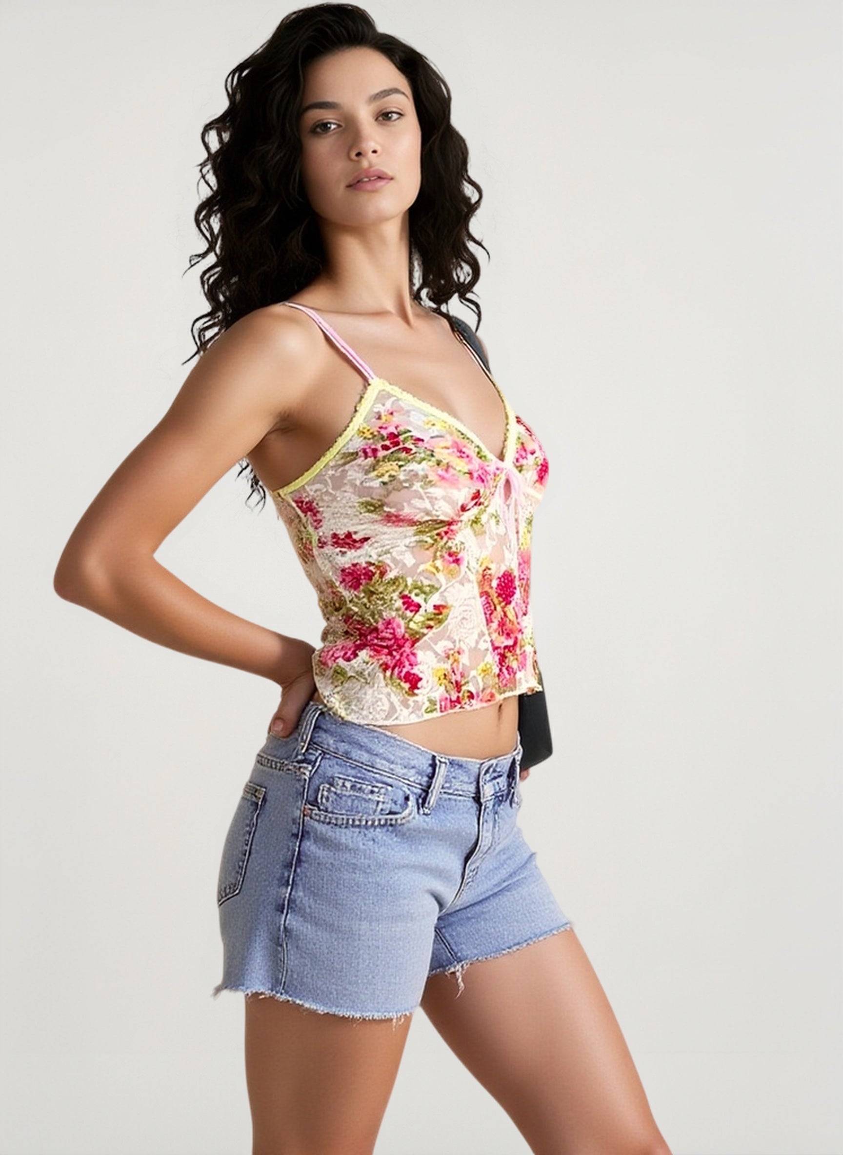 Deep V-Neck Floral Crop Top