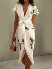 Satin Deep V-Neck Short Sleeve Wrap High Split Midi Dress 8