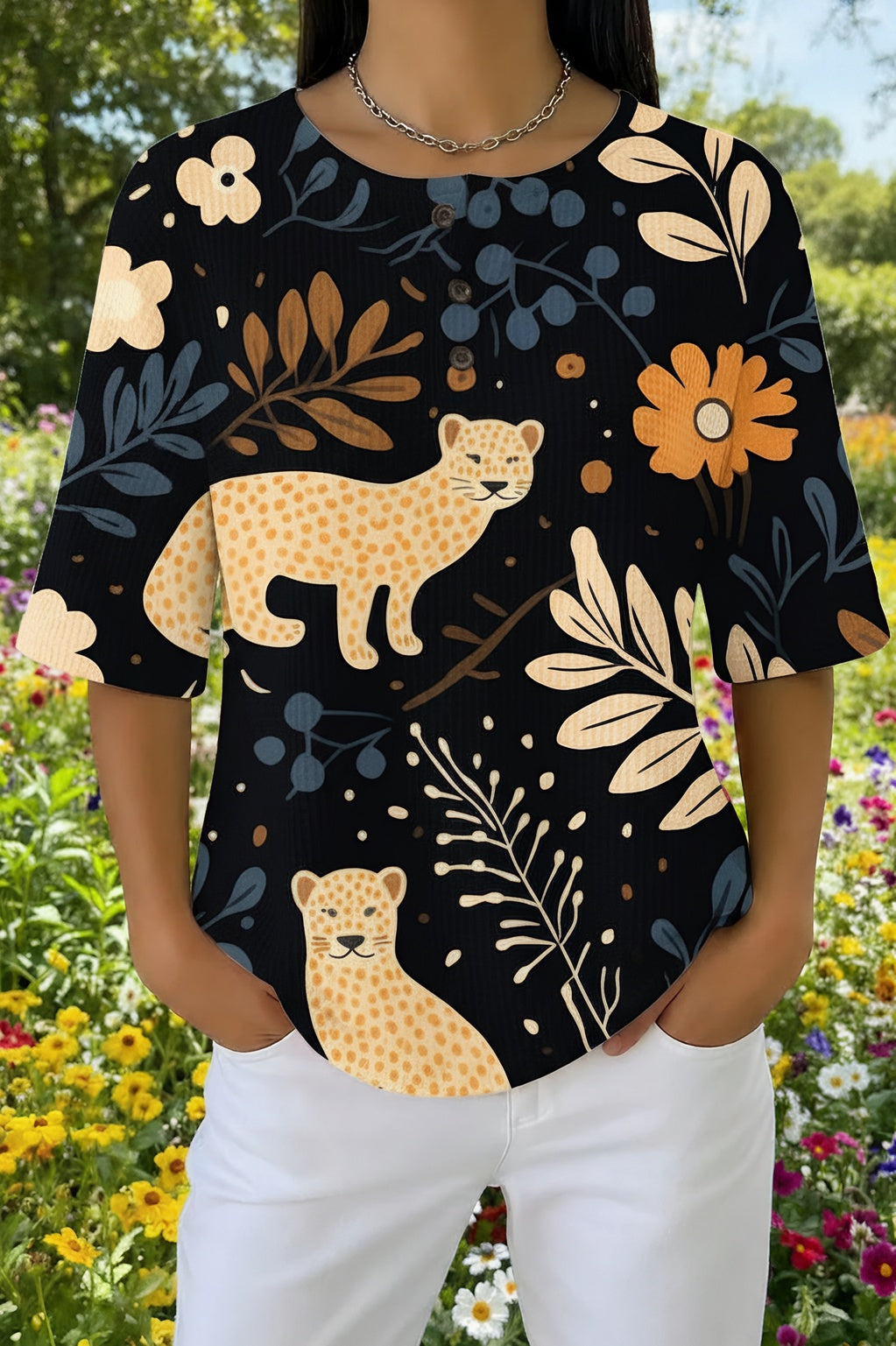 Womens Black Golden Floral Cat Print Casual Shirt