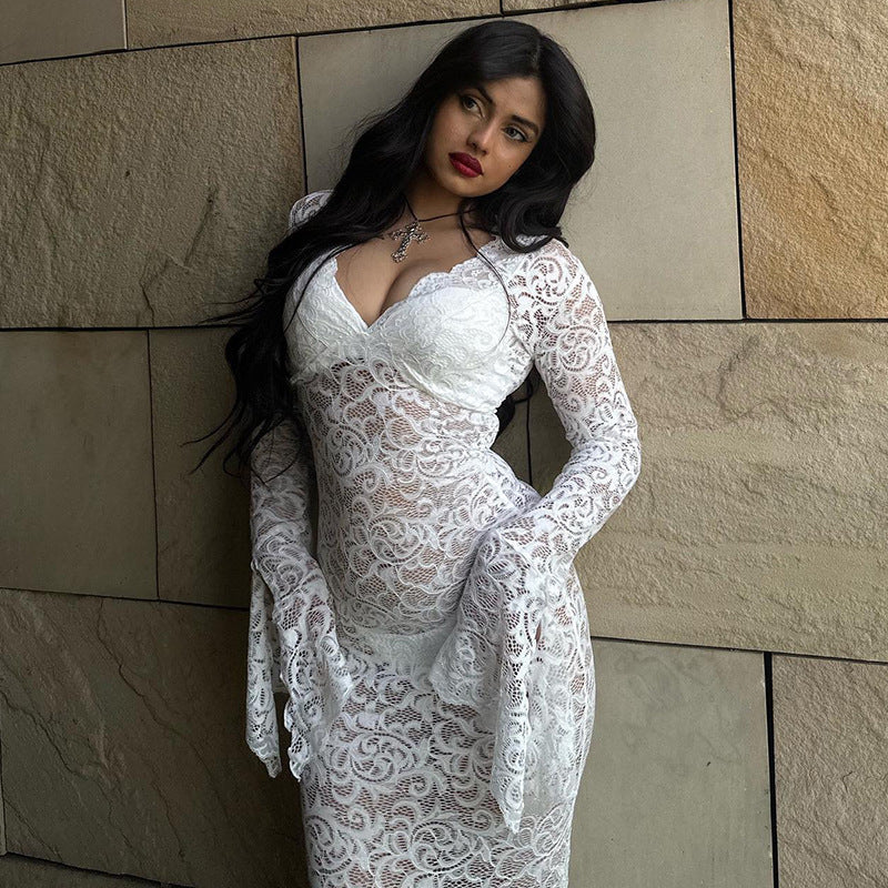 Lace Deep V-Neck Bell Sleeve Mermaid Maxi Gown