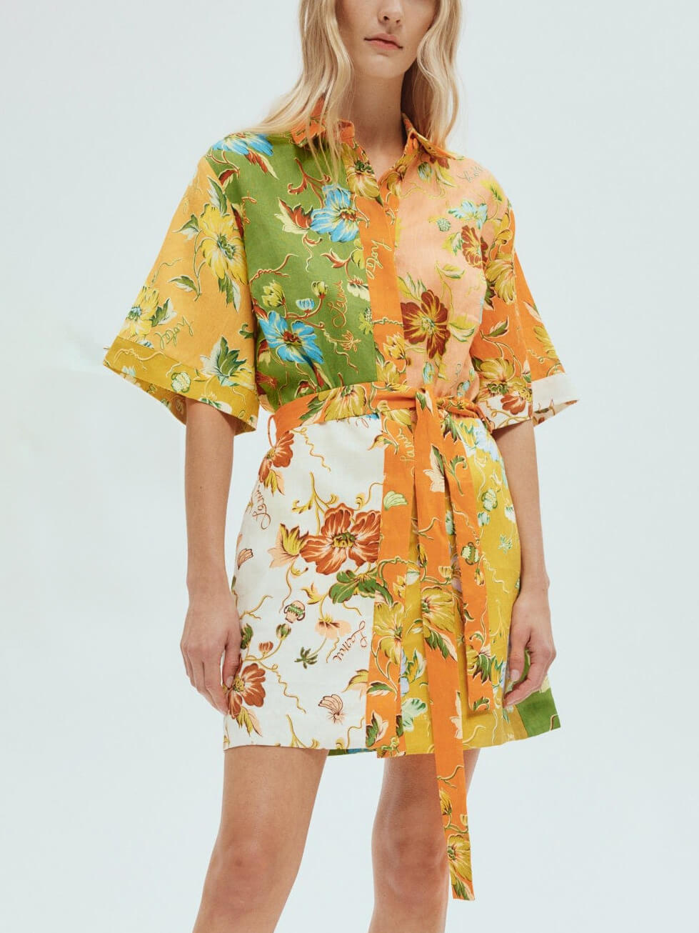 Patchwork Floral Print Short Sleeve Belted Mini Shirt Dress