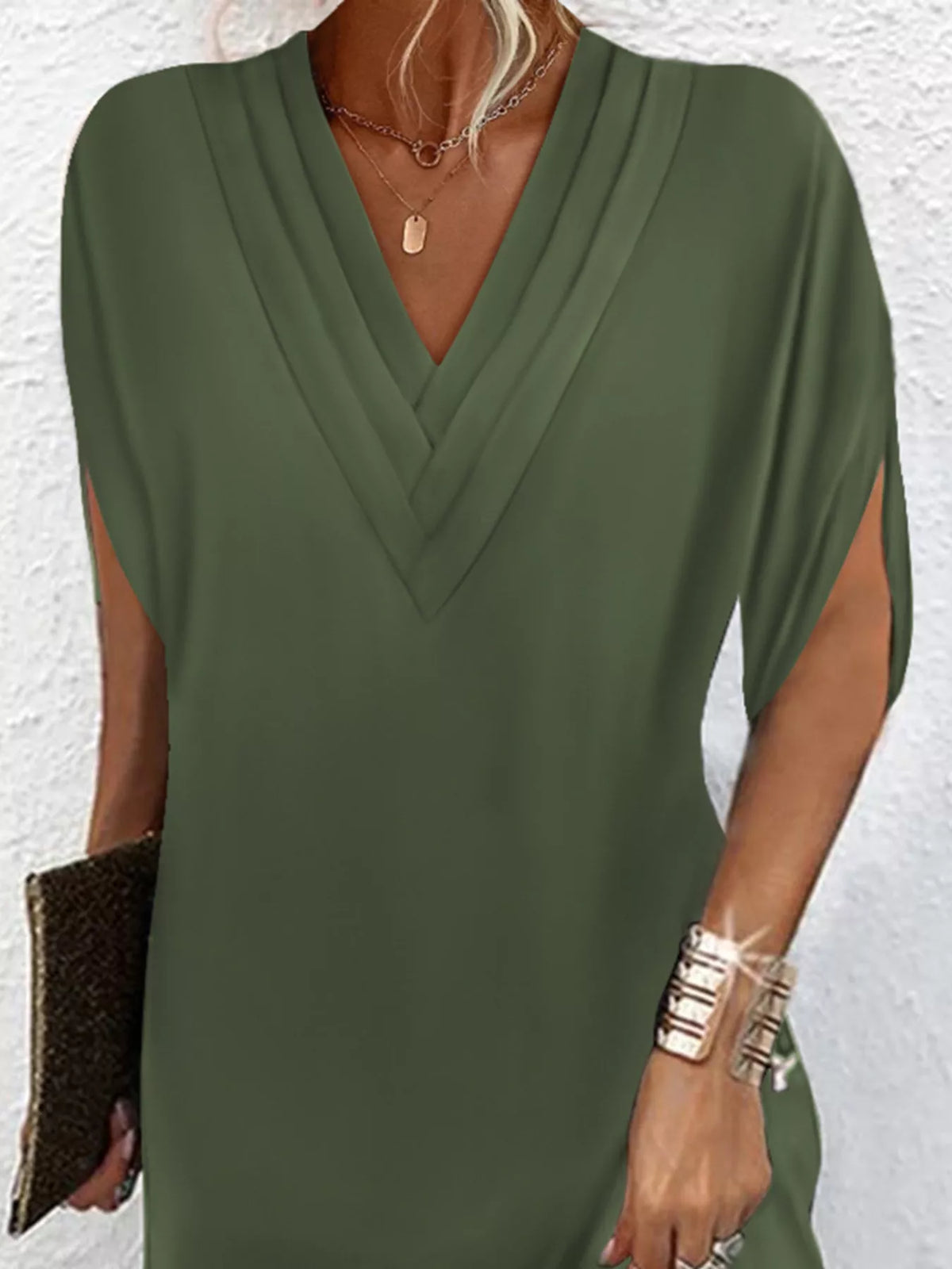 Pleated V-Neck Split Sleeve Relaxed Shift Mini Dress 3