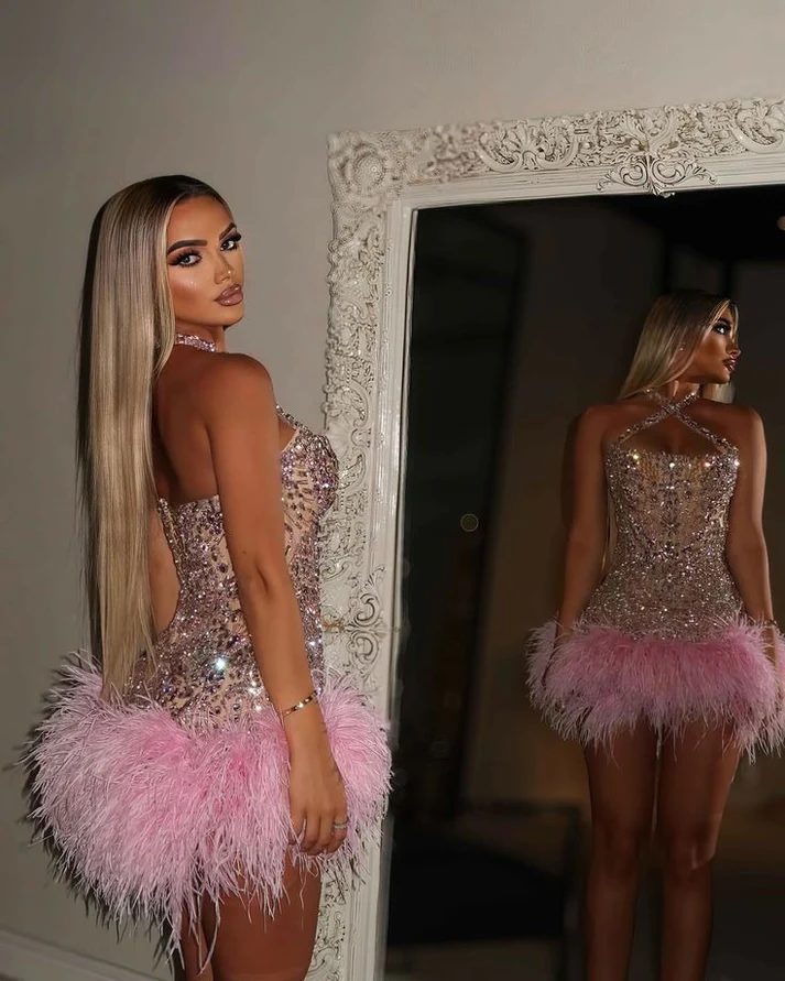 Trendy Sheath Halter Pink Beads Feathers Sequin Mini Short Formal 8th Grade Homecoming Dresses Middle School Short Prom Dress Hoco Outfits  fg8546