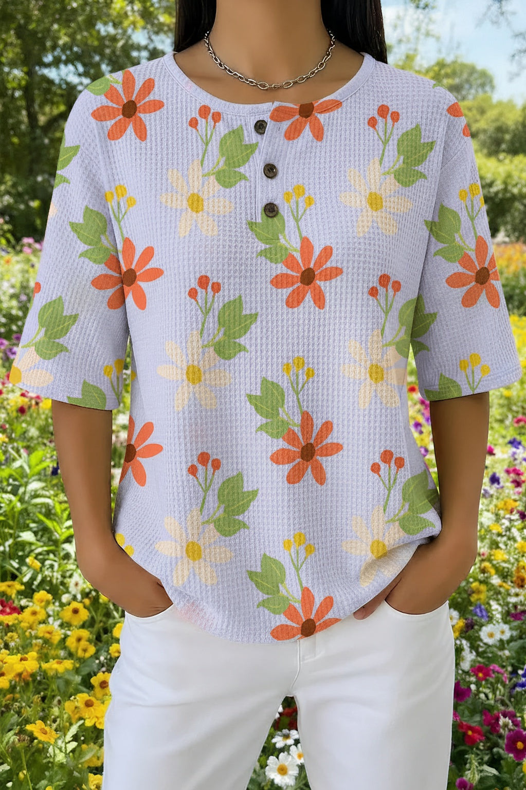 Floral Print Waffle Knit Henley Top