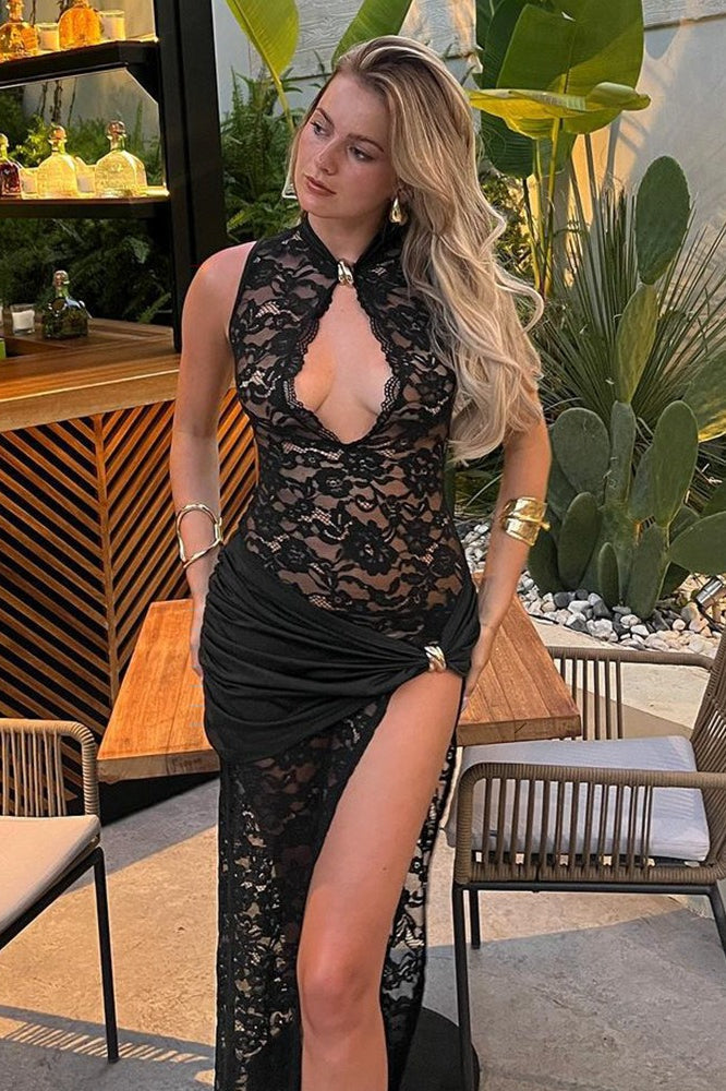 Sheer Lace Keyhole Halter Neck Draped Waist High Split Maxi Dress