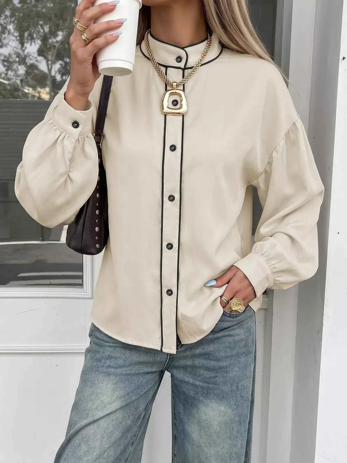 Contrast Piping Band Collar Button Front Puff Sleeve Blouse 2