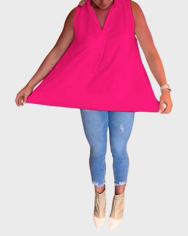 Collared Sleeveless High Low Blouse