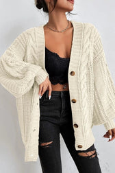 Lantern Sleeve Cable Knit Sweater White / S