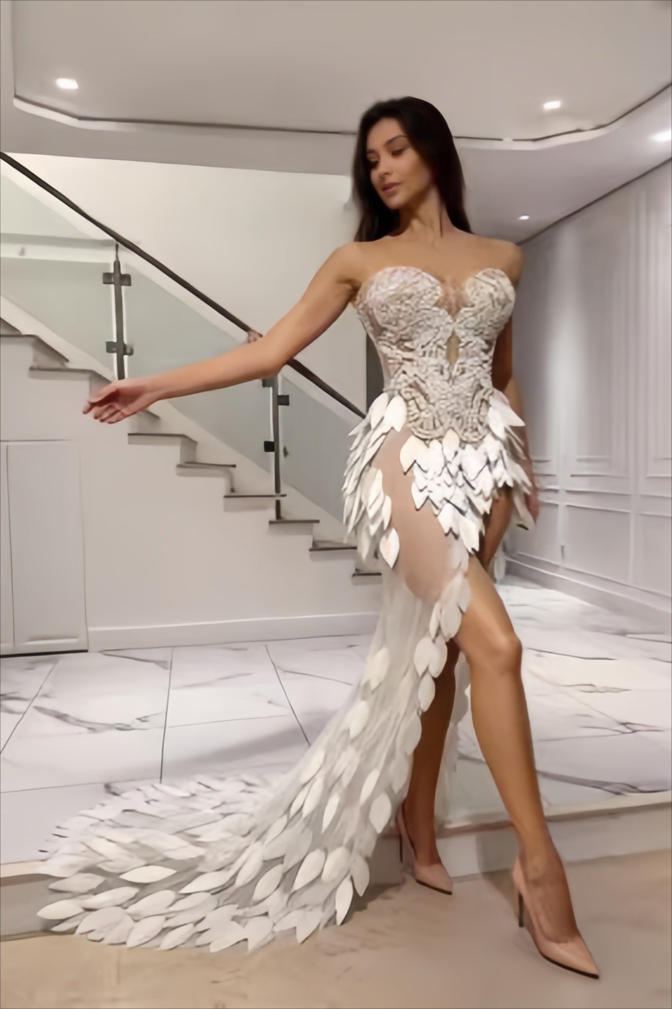 Pearl Embroidered Sequin Leaf Strapless Wedding Dress - View 3