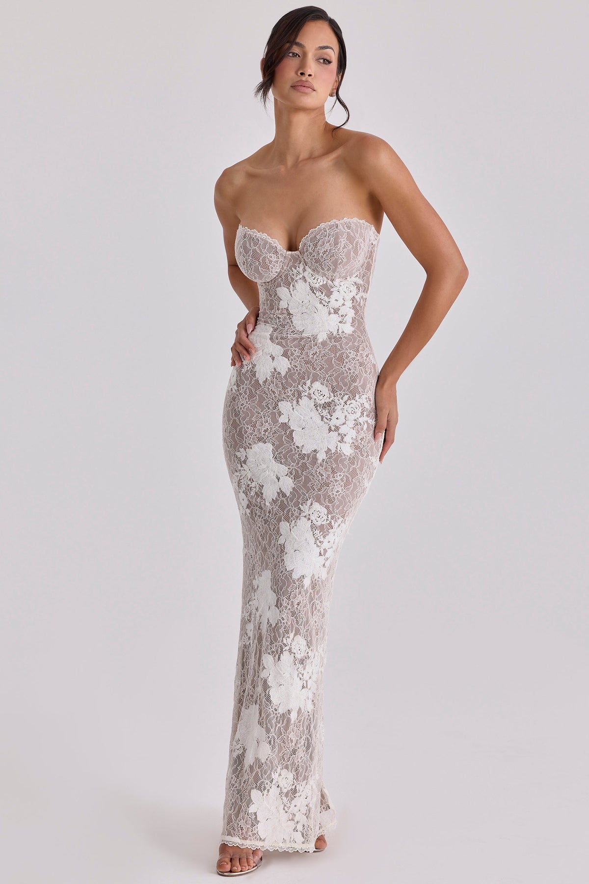 Floral Lace Sweetheart Bustier Long Sleeve Sheer Mermaid Maxi Gown 7