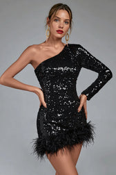Sexy Asymmetrical One Shoulder Long Sleeve Backless Sequin Feather Party Dress