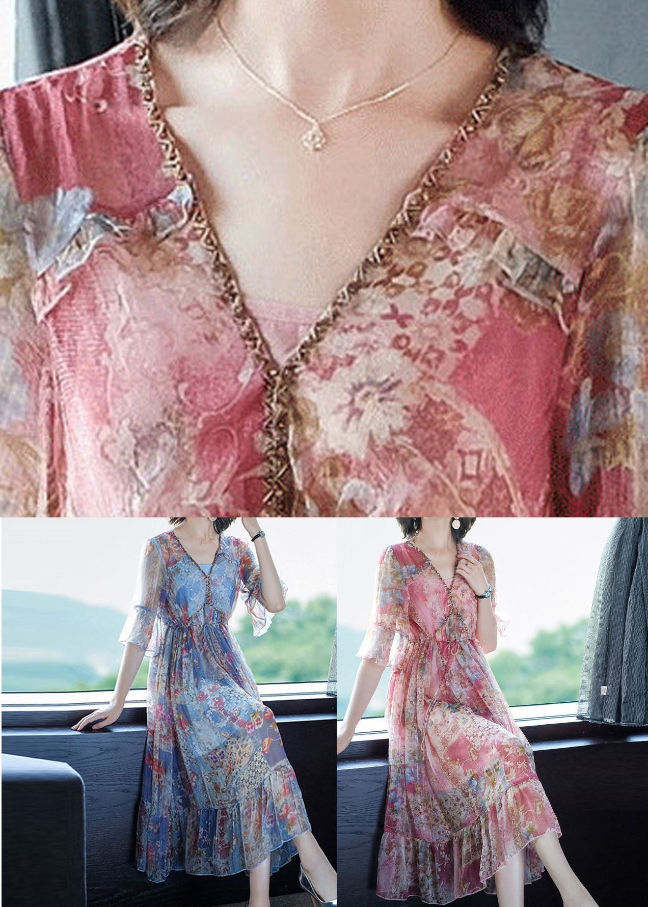 Floral Print Deep V-Neck Flutter Sleeve Drawstring Tiered Midi Dress