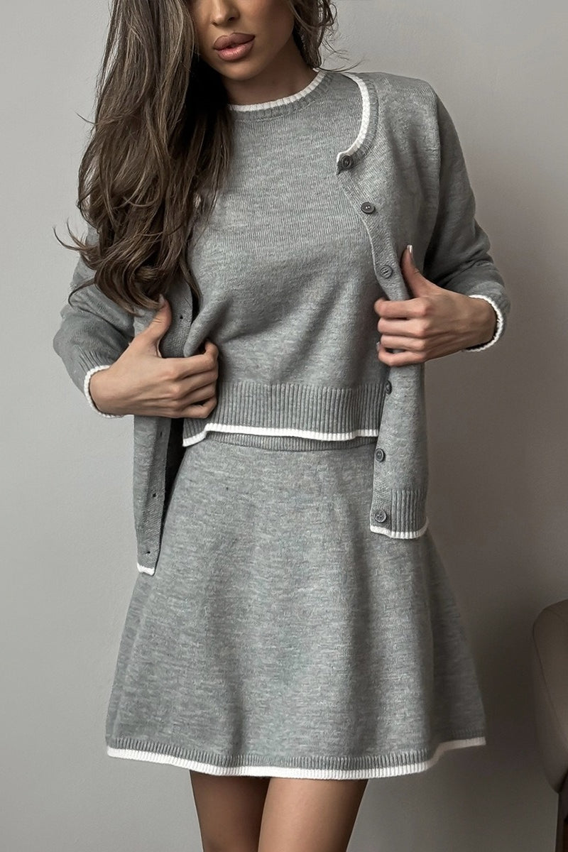 Loose Fit Tweed Cardigan Skirt Knit Set