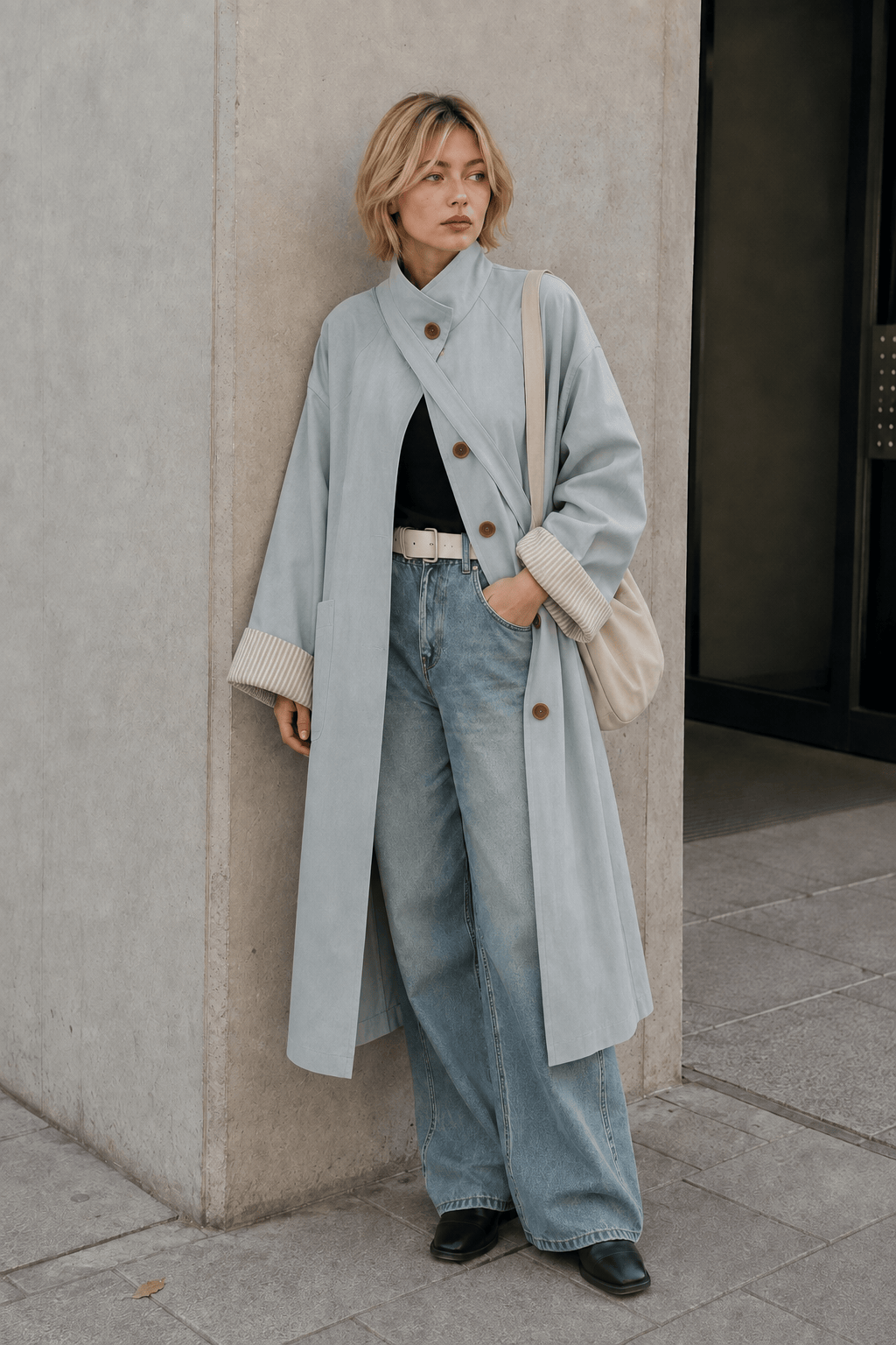 Stand Collar Button Front Contrast Cuff Oversized Longline Coat 5