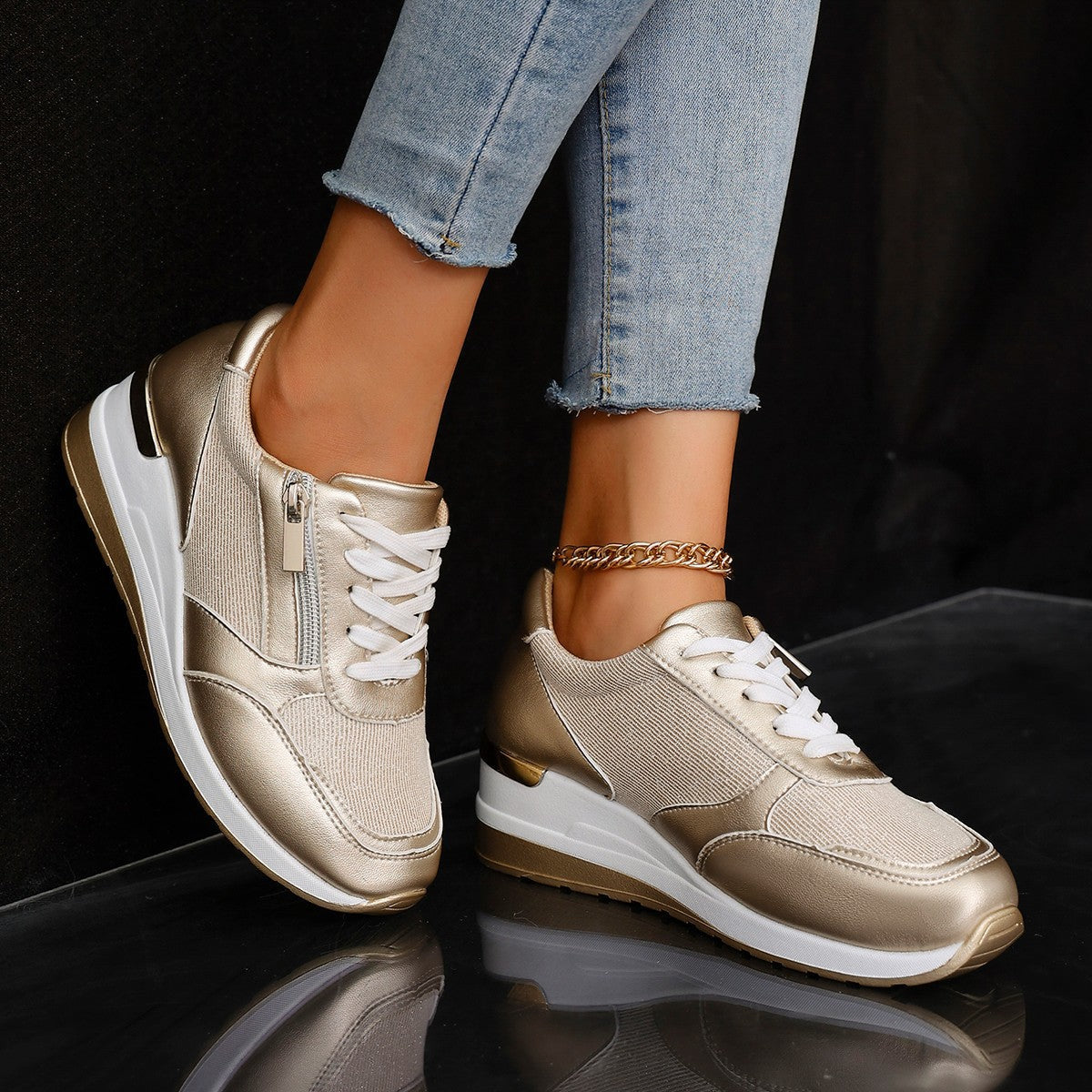 Lace Up Side Zip Wedge Sneakers