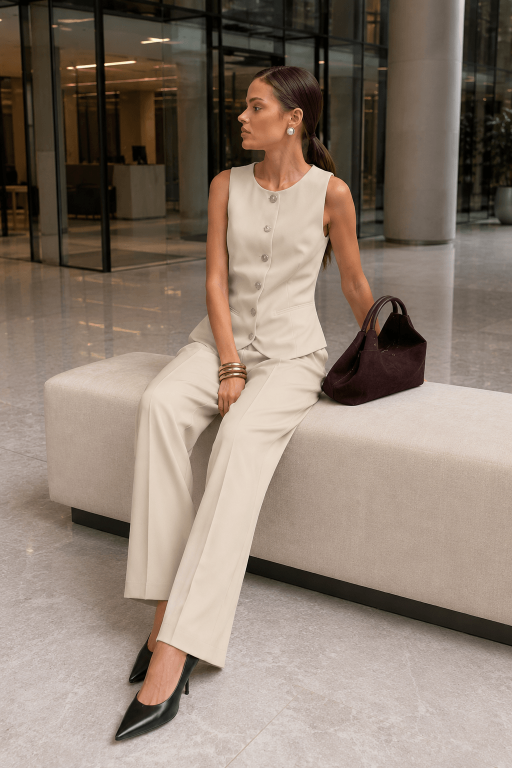 Blazer Vest Wide Leg High Waist Two Piece Work Set